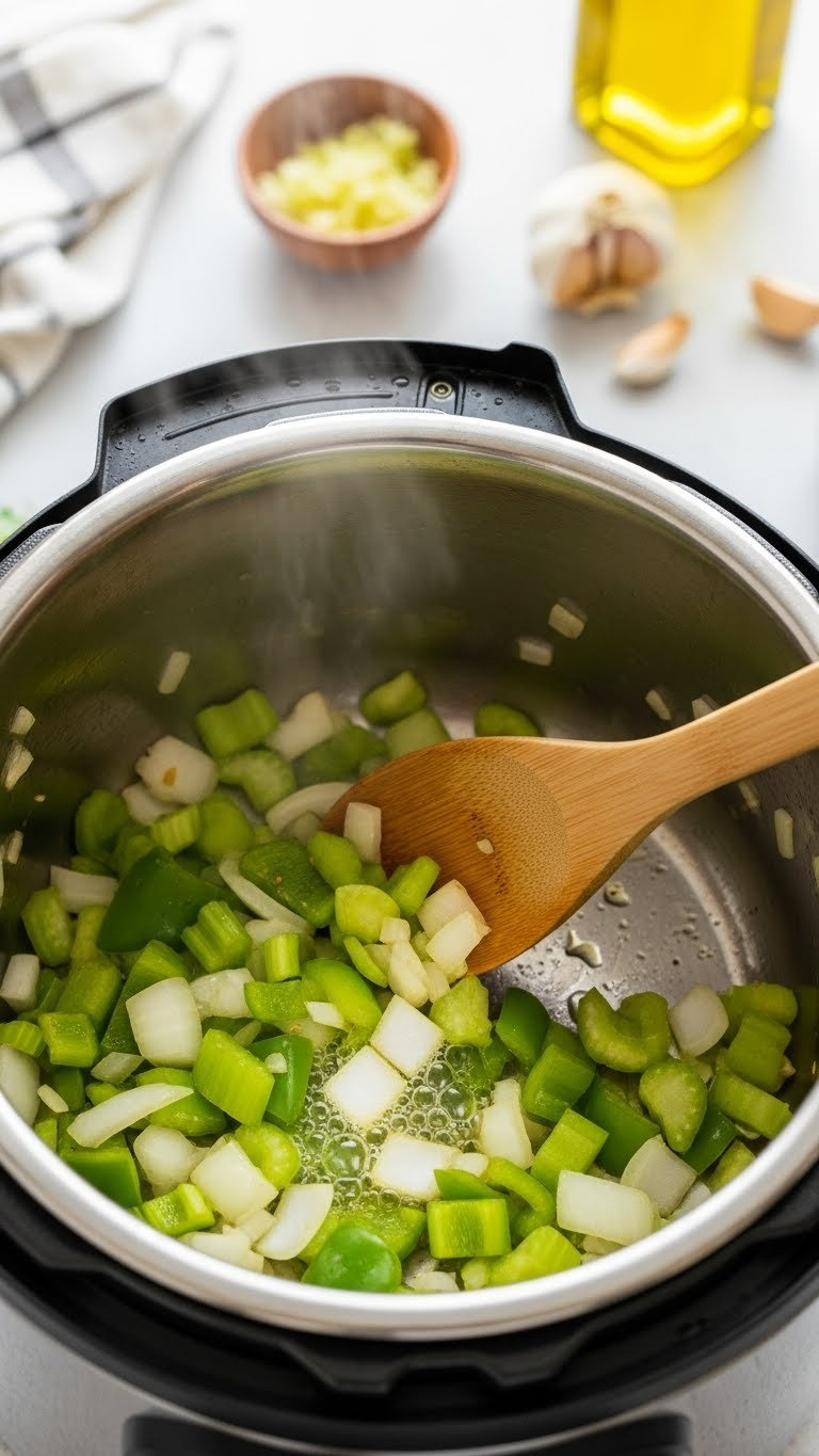 Translucent Cajun Trinity Vegetables, Including Onions, Green Bell Pepper, And Celery, Gently Sizzling In An Instant Pot.