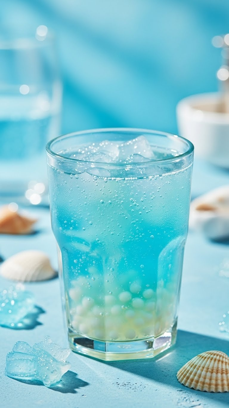 Translucent Blue Aqua Boba Tea With Jellyfish-Shaped Pearls And Bubbles On Blue Surface