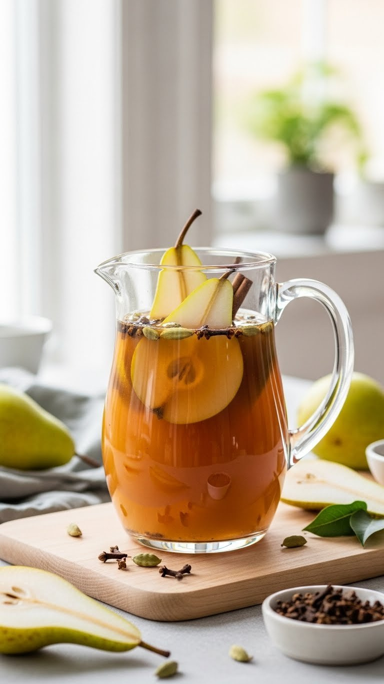 Translucent Golden-Brown Spiced Pear Punch In Sleek Glass Pitcher With Pear Slices And Cloves On Wooden Serving Board