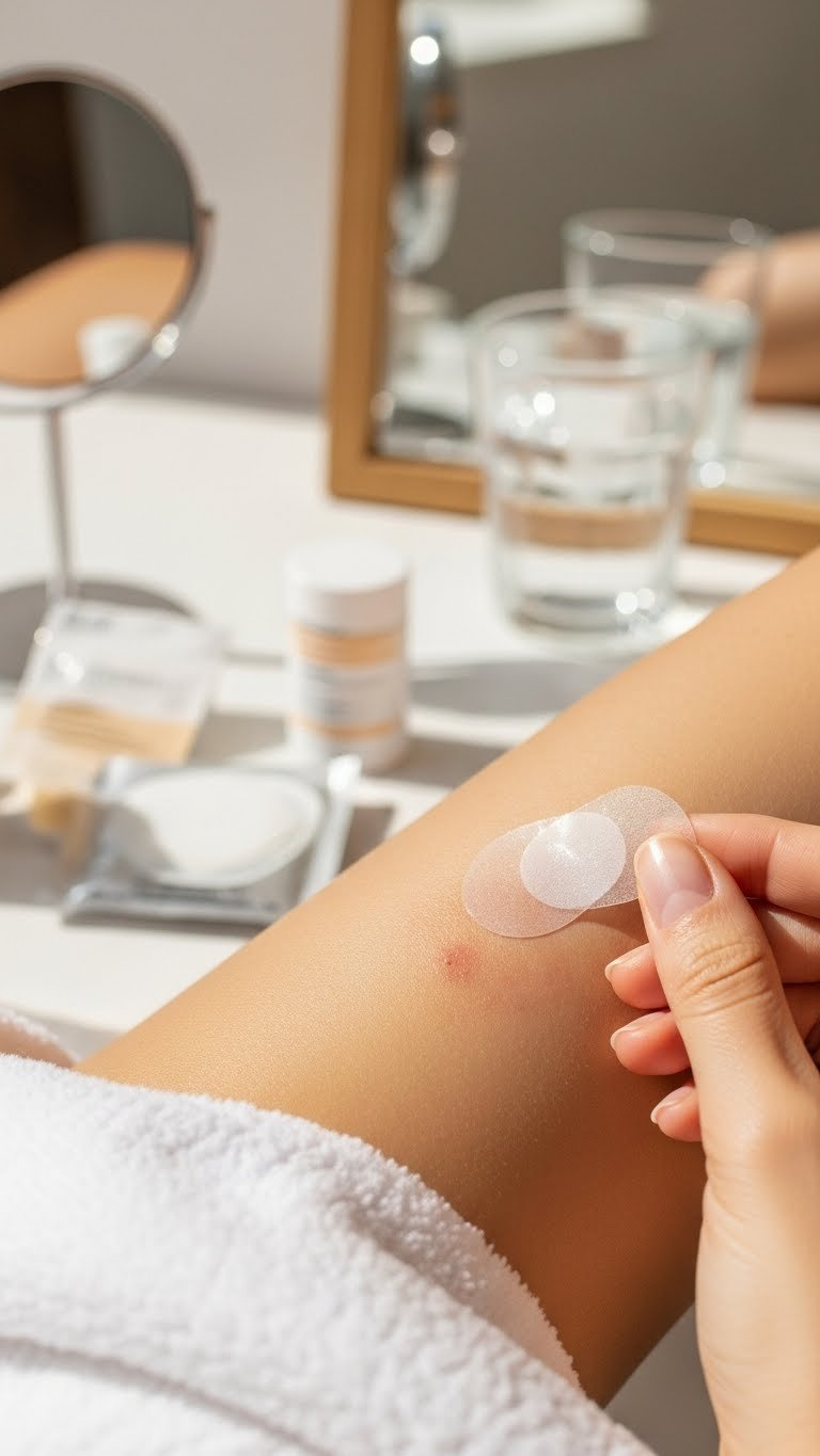 Translucent Hydrocolloid Patch Applied To Blemish On Calm Skin For Discreet Acne Healing