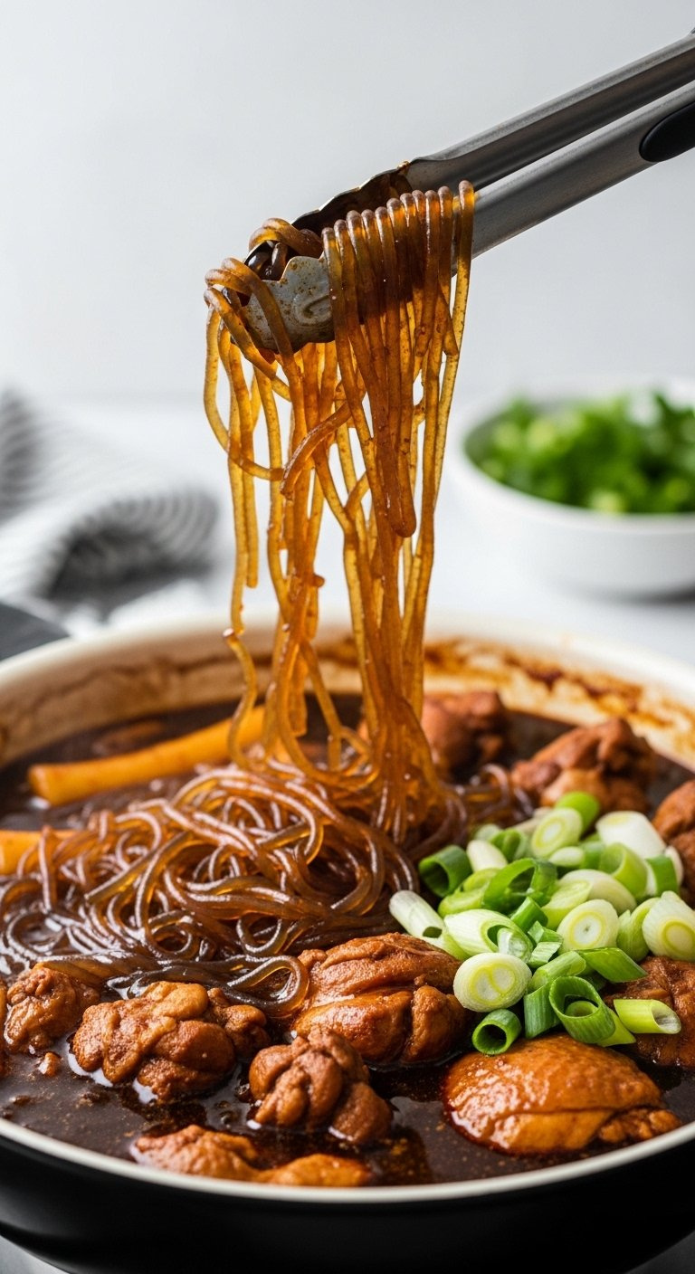 Translucent Sweet Potato Noodles Stirred Into A Simmering Pot Of Chicken Stew With Tongs.