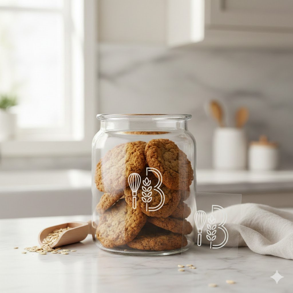 Transparent Background Bakery Logo Sticker On Glass Cookie Jar With Oatmeal Cookies And Wooden Scoop.