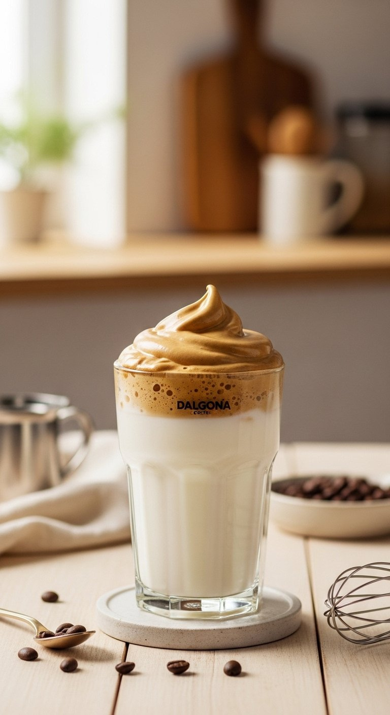 Transparent Glass Of Chilled Milk Topped With Thick Golden Frothy Whipped Coffee Dalgona Foam.