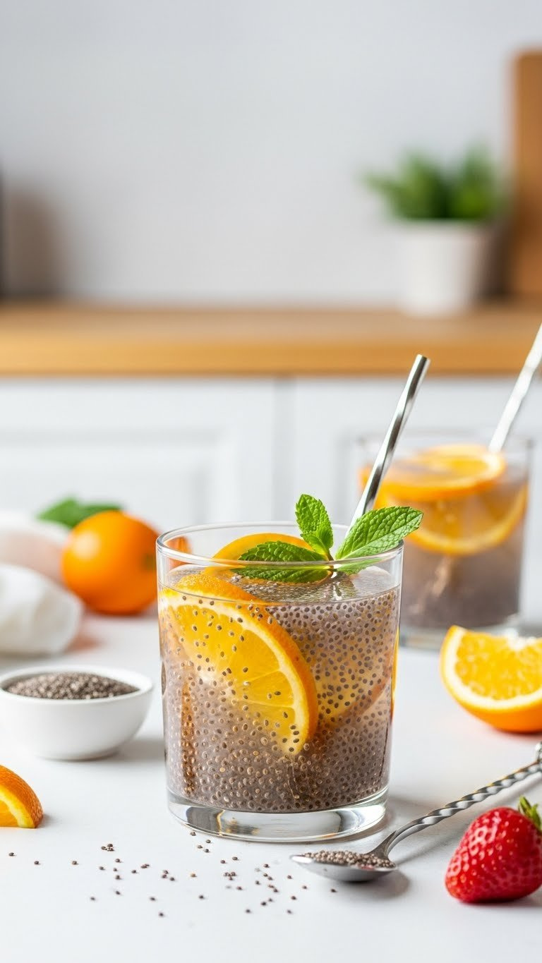 Transparent Glass Tumbler Of Chia Seed Water With Swollen Seeds And Vibrant Fruit Slices Garnish