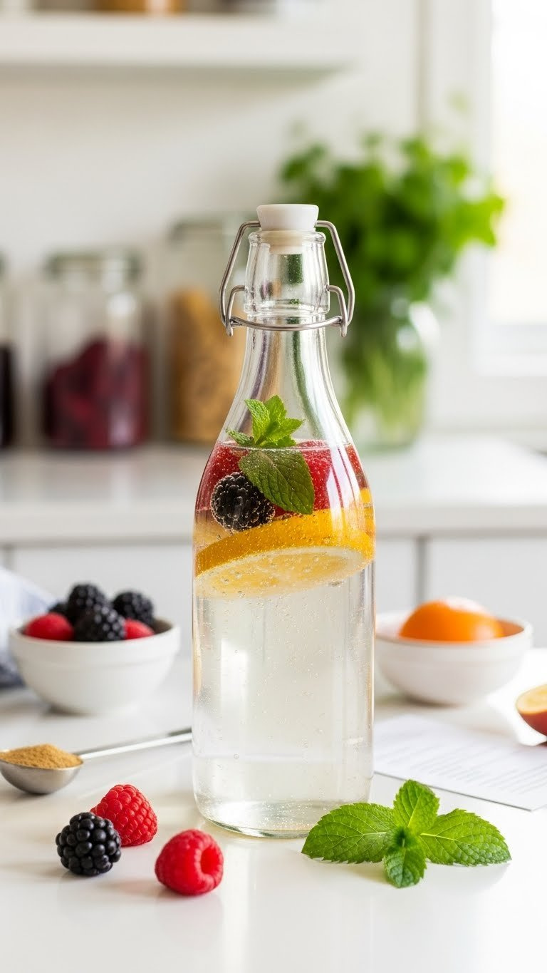 Transparent Swing-Top Bottle Of Fruit-Infused Probiotic Drink With Berries And Mint Bubbles