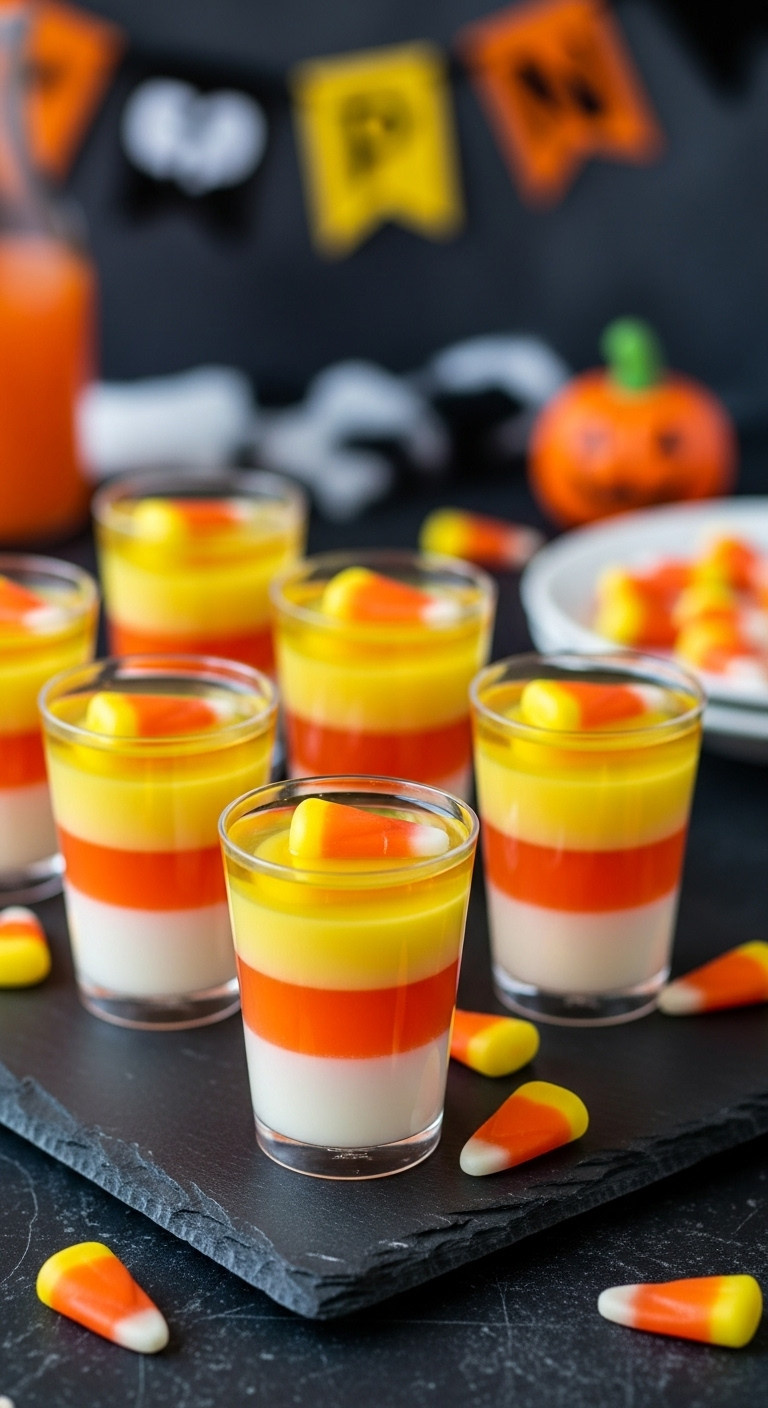 Tray Of Candy Corn Jello Shots With Distinct Yellow Orange And White Layers In Clear Cups Perfect For Halloween Party Recipes