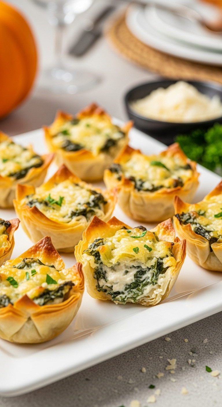 Tray Of Golden Brown Crispy Phyllo Cups Filled With Creamy Cheesy Spinach And Artichoke Mixture Lightly Browned And Bubbly