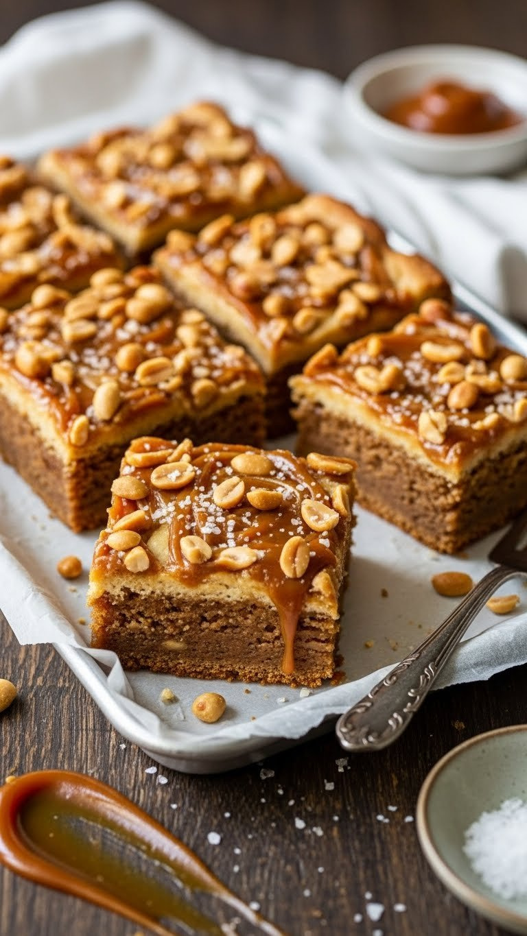 Tray Of Thick Salted Caramel Peanut Butter Blondies With Chopped Peanuts, On Dark Rustic Wood Table, Gourmet Dessert.