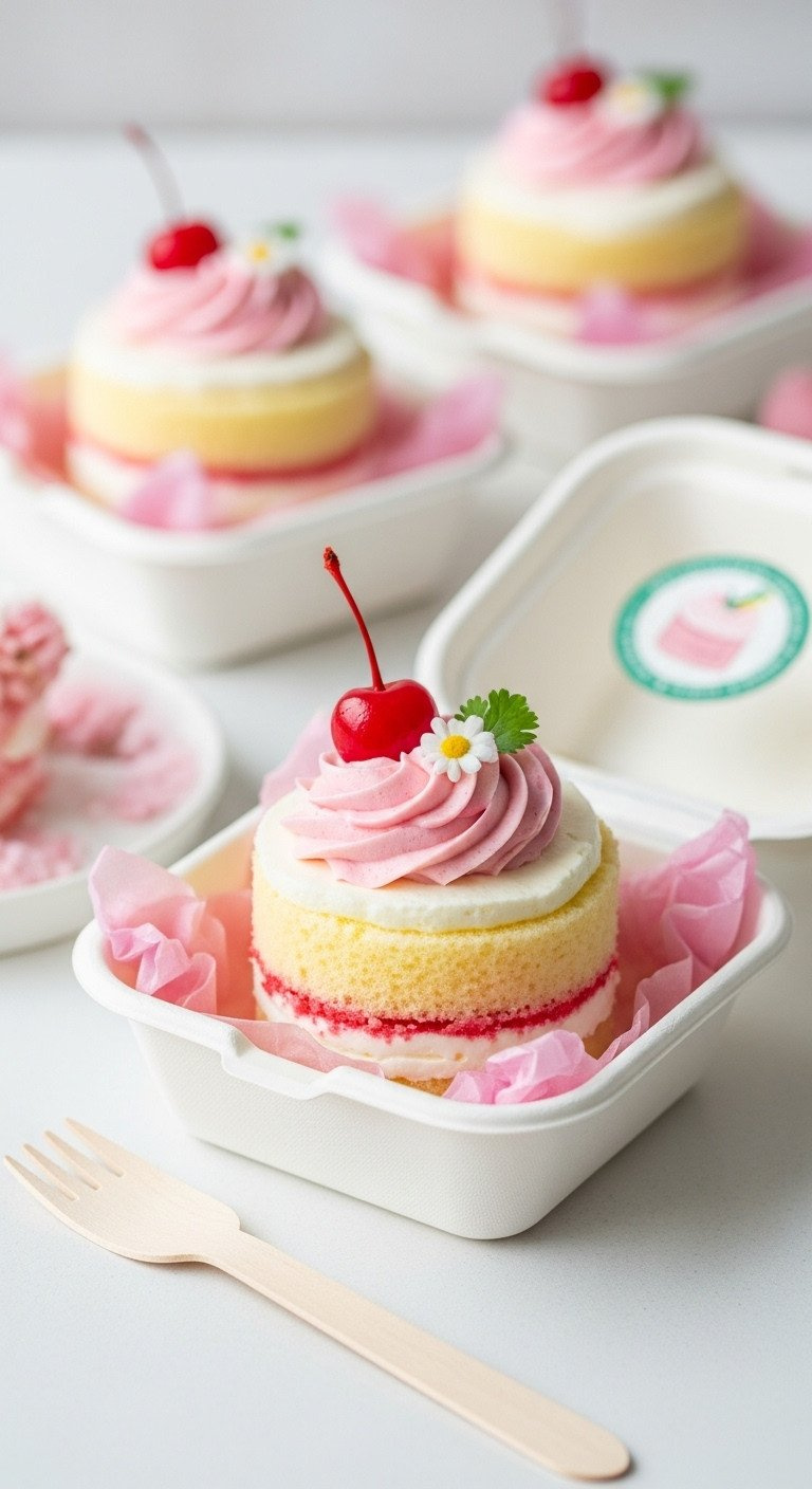 Trending Mini Bento Cake With Pink Buttercream Swirl And Edible Flower In A White Bento Box, On A Clean White Surface.