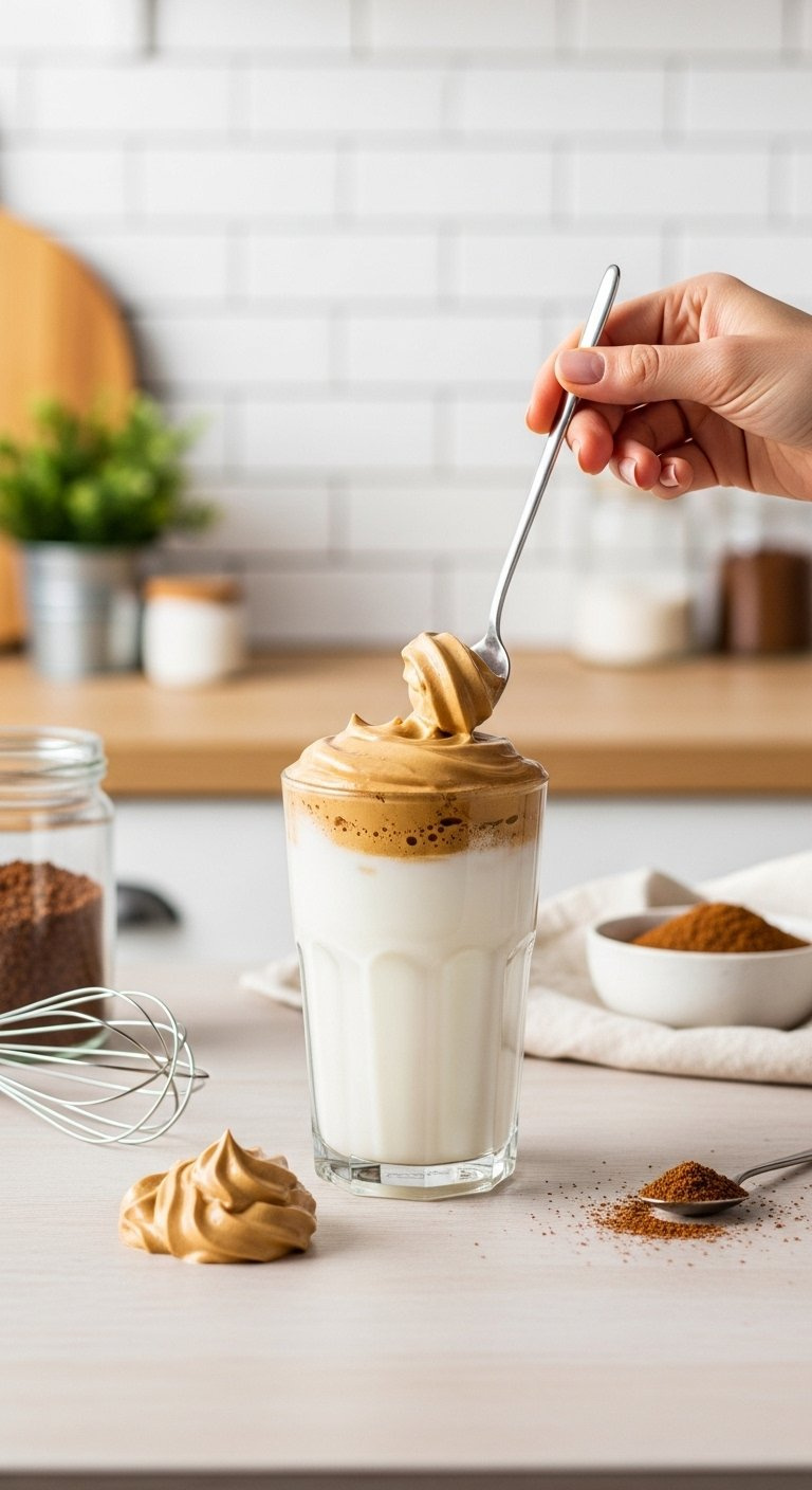 Trendy Dalgona Whipped Coffee With Thick Fluffy Foam Topping Cold Milk In A Clear Glass.