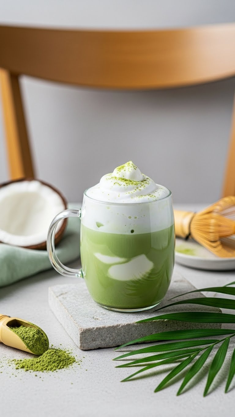Trendy Matcha Coconut Cloud Latte Mocktail In Glass Mug With White Coconut Foam Layered Over Green Matcha