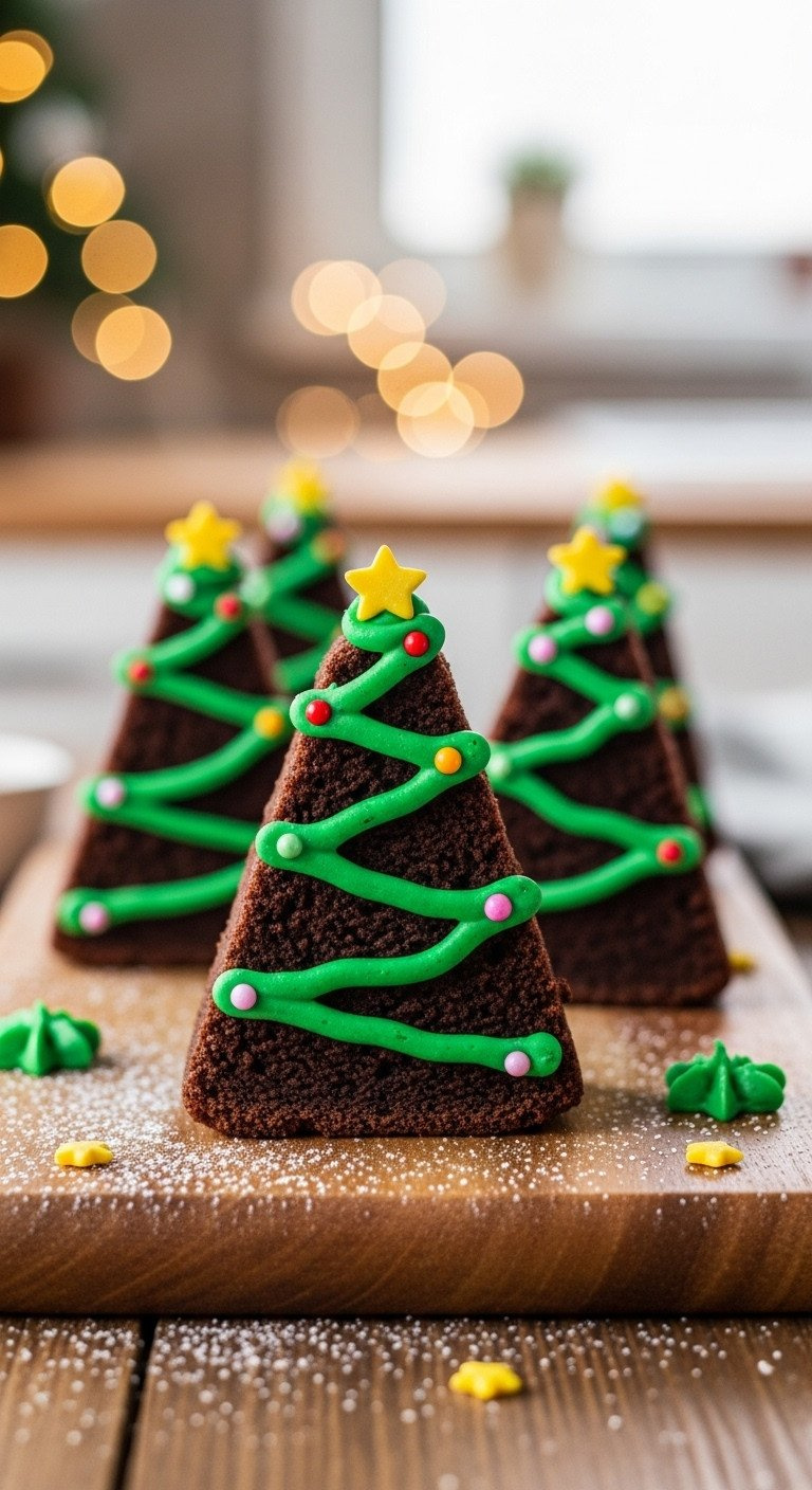 Triangular Christmas Tree Brownies With Green Frosting And Colorful Sprinkles On A Rustic Wooden Board In A Cozy Kitchen.