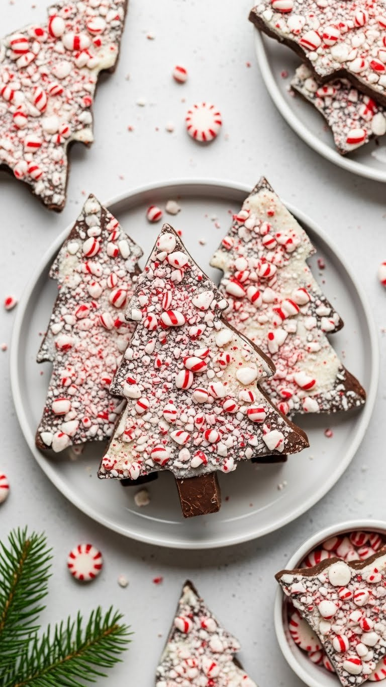 Triangular Peppermint Bark Snowy Trees With Chocolate Layers And Crushed Candy On White Ceramic Plate