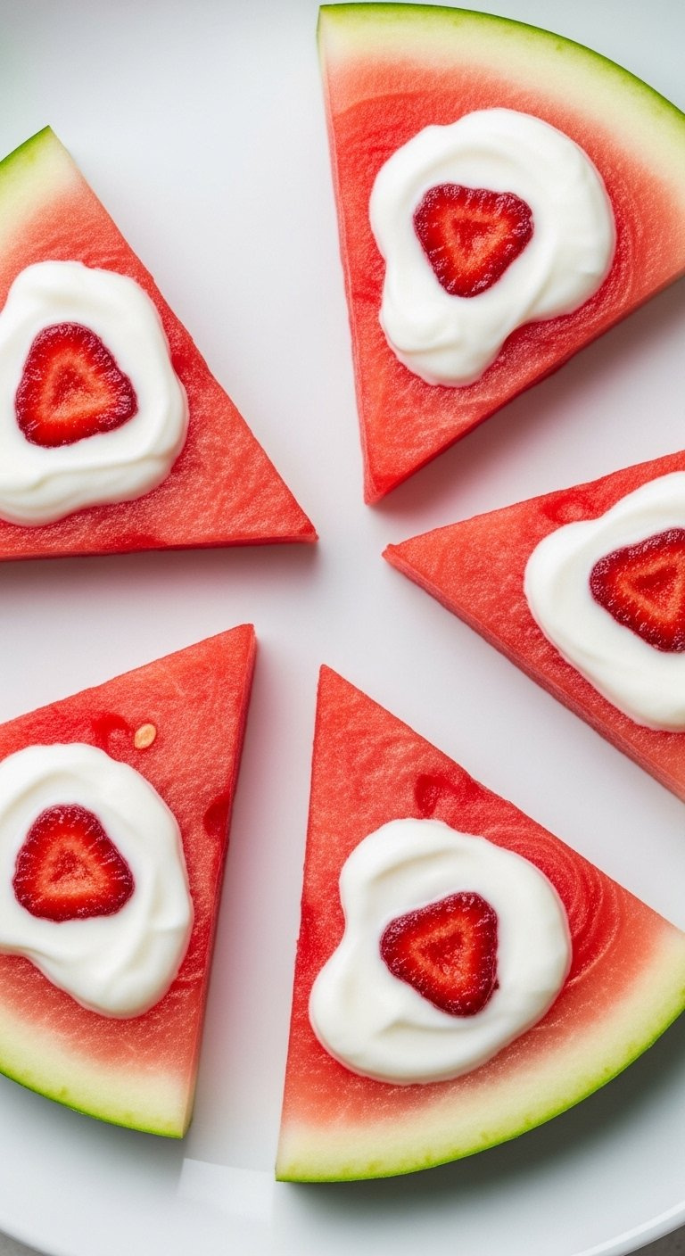 Triangular Watermelon Pizza Slices Topped With Creamy Yogurt.