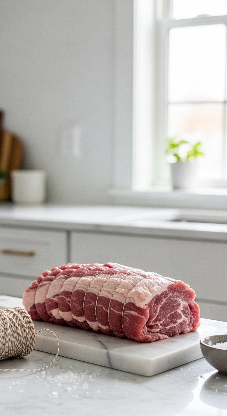 Trimmed Raw Pork Tenderloin Tied With Butcher Twine On Marble, Ready For Searing. Meat Preparation, Cooking.