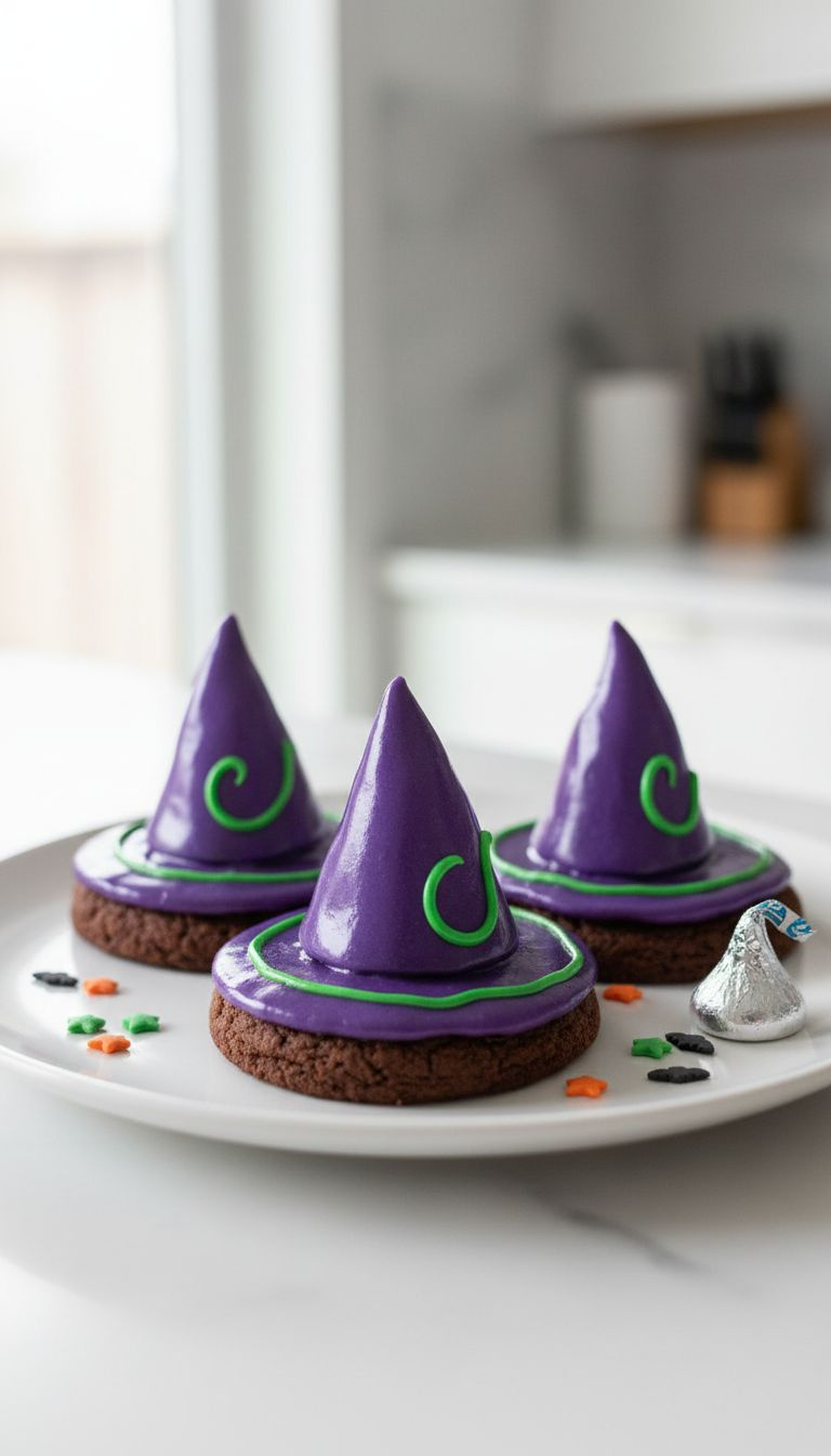 Trio Of Witch Hat Cookies: Chocolate Bases, Purple Candy Melt Hats, Green Drizzle. Whimsical Halloween Party Dessert.