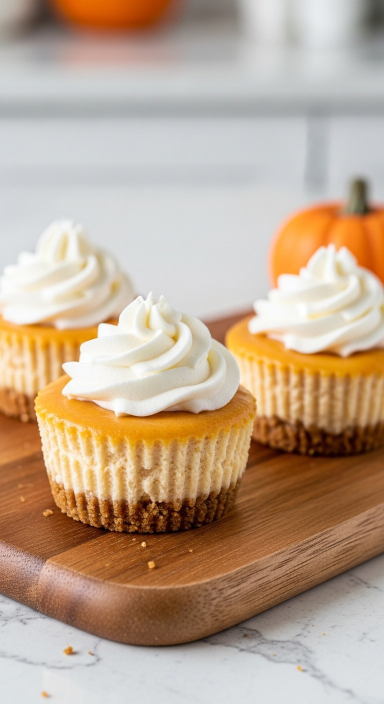 Trio Of Adorable Mini Pumpkin Cheesecakes On A Wooden Board, With Graham Cracker Crust, Pumpkin Filling, Whipped Cream Swirl.