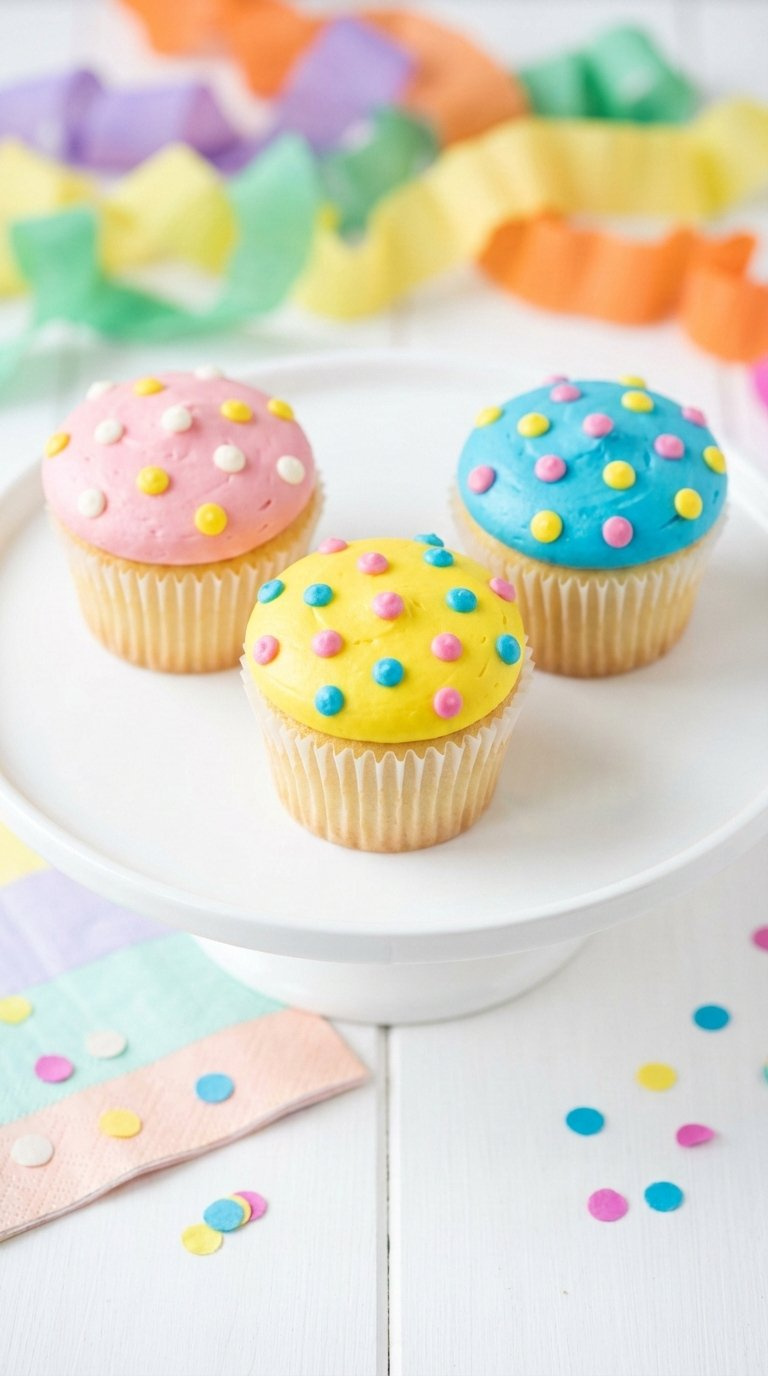 Trio Of Brightly Frosted Cupcakes With Contrasting Colored Polka Dots Creating Cheerful Symmetrical Design