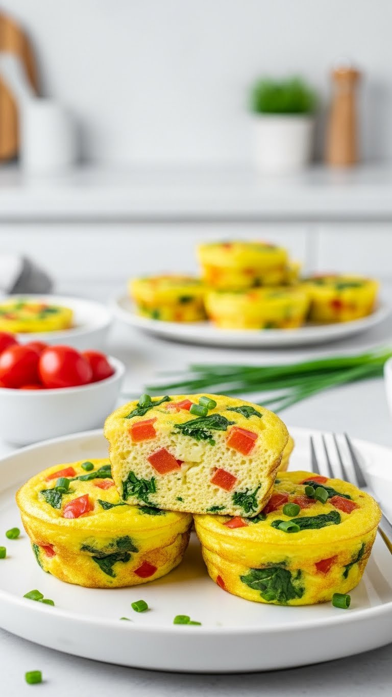 Trio Of Fluffy 21 Day Fix Instant Pot Egg Bites With Bell Peppers, Spinach, And Cheese On A White Plate.