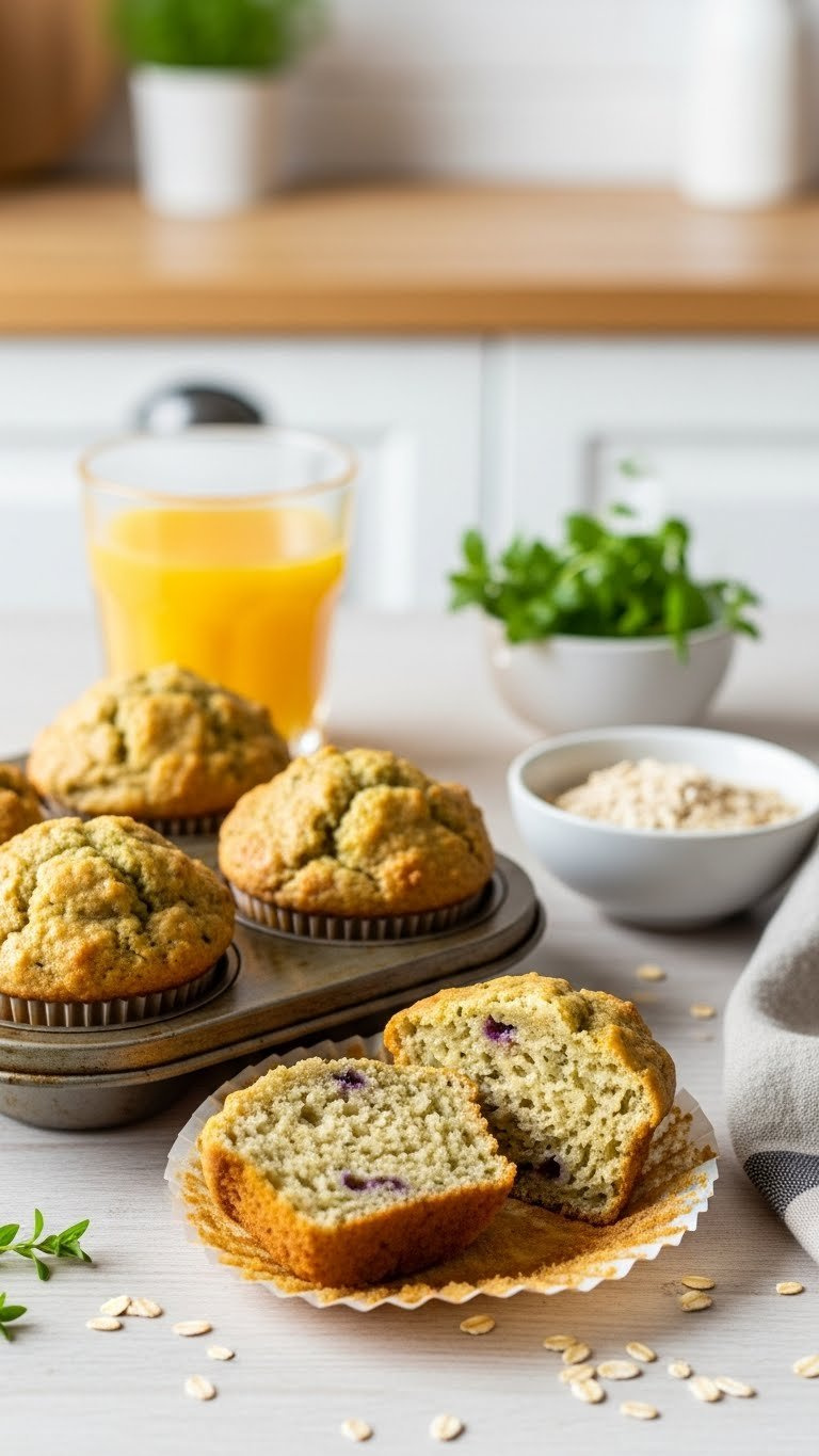 Trio Of Golden-Brown Flourless Zucchini Muffins With Domed Tops And Tender Crumb Texture In Rustic Muffin Tin