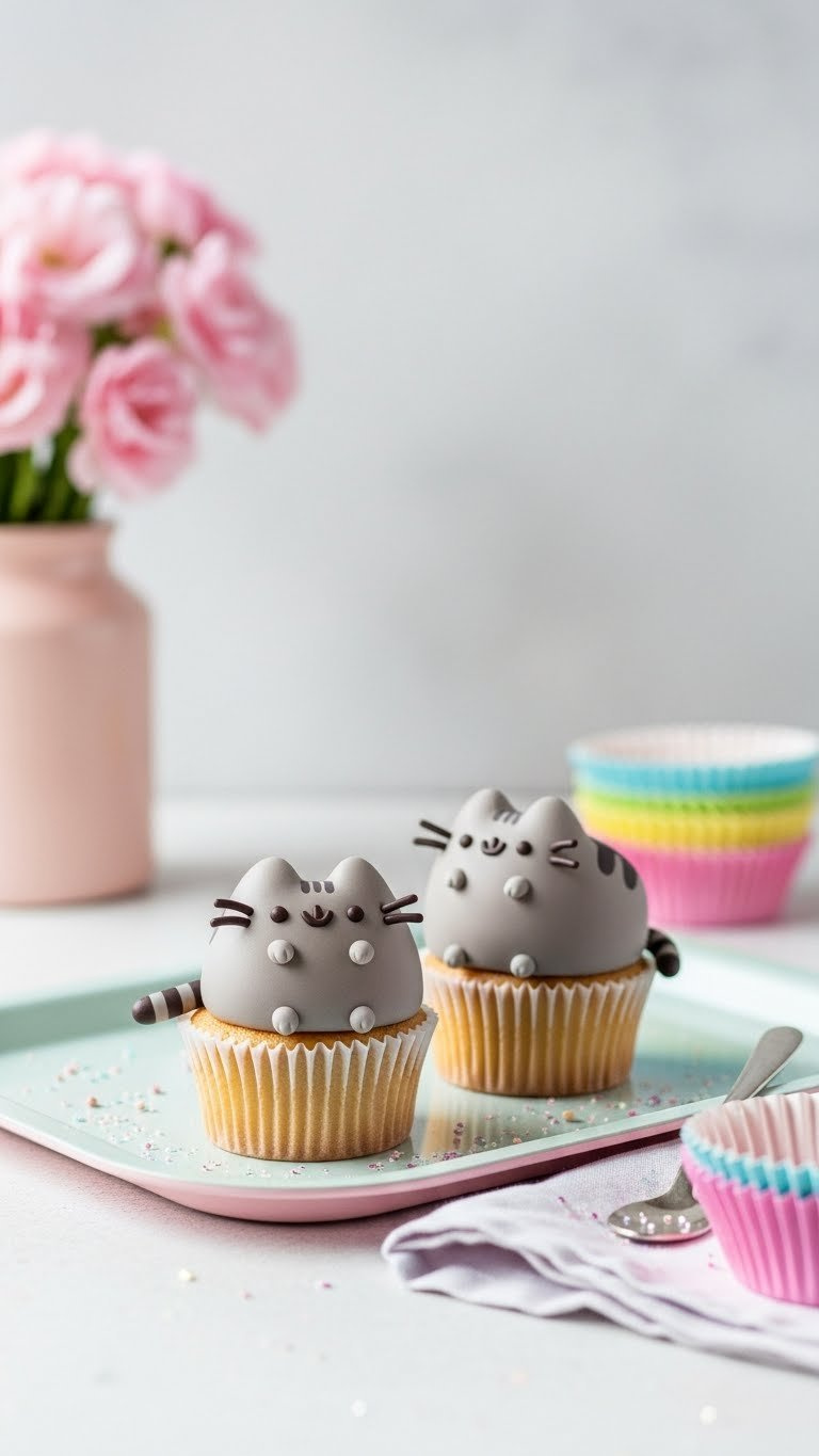 Trio Of Gray Pusheen Cat Cupcakes With Fondant Ears And Cheerful Faces On A Pastel Serving Tray