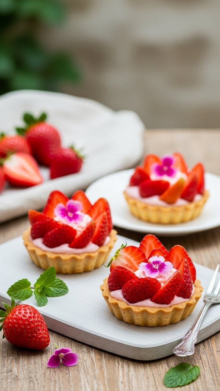 Trio Of Mini Strawberry Tarts With Fresh Berries And Pink Flowers On Rustic Wooden Table