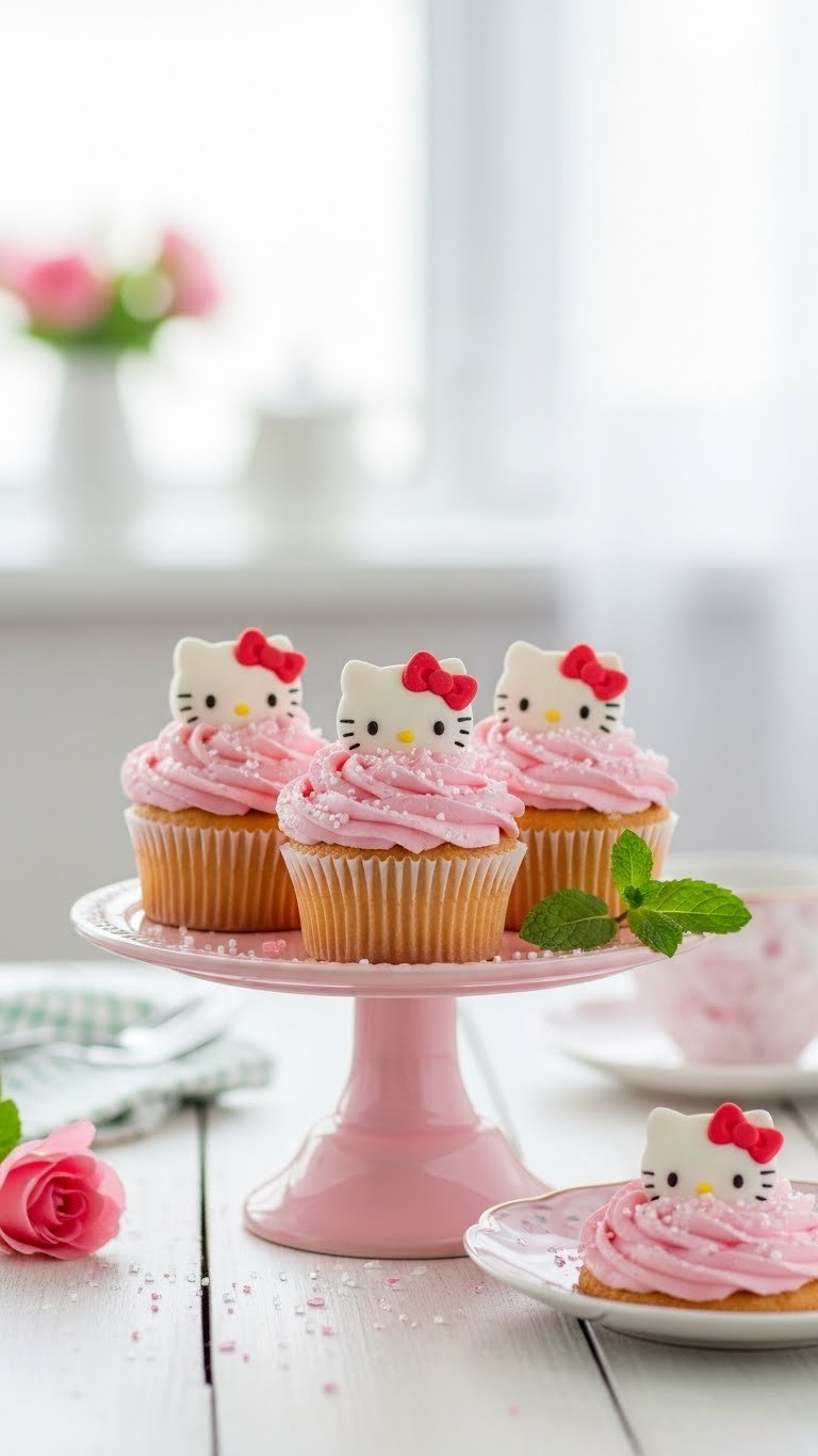 Trio Of Shimmering Hello Kitty Cupcakes With Edible Toppers On Pastel Pink Dessert Stand Against Soft Bokeh Background.