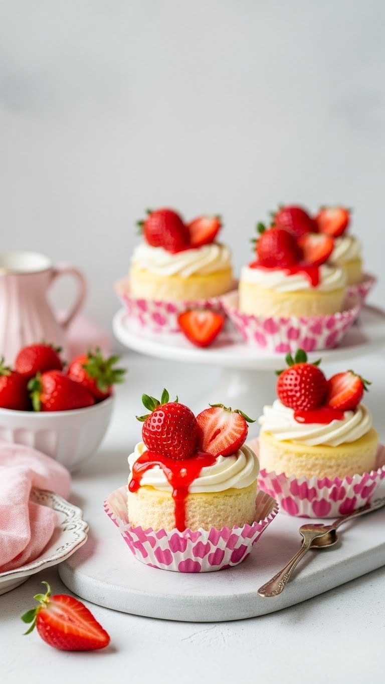 Trio Of Strawberry Cheesecake Cupcakes With Piped Frosting And Fresh Halved Strawberries In Decorative Liners
