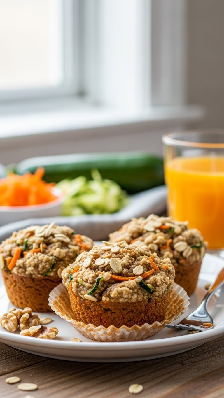 Trio Of Wholesome Zucchini Carrot Muffins With Visible Vegetable Flecks And Oat Crumble Topping On White Ceramic Plate