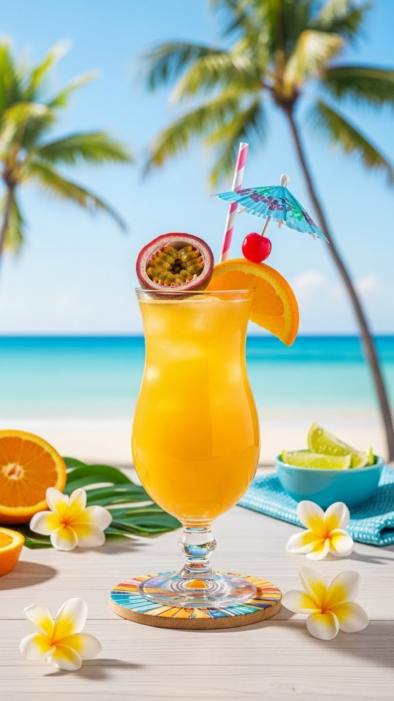 Tropical Passionfruit Punch Mocktail With Passionfruit And Umbrella In Hurricane Glass On Beach-Themed Bar Setup