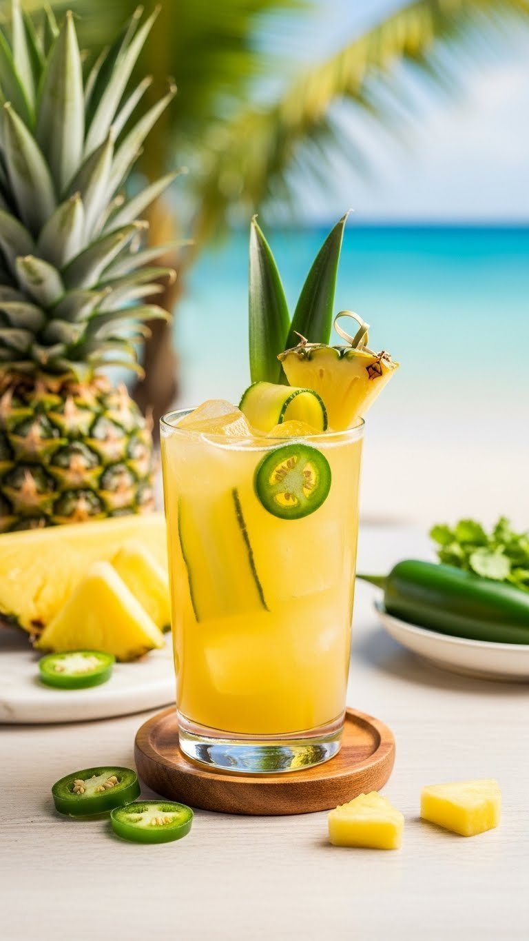 Tropical Pineapple Jalapeño Tequila Cocktail With Pineapple Chunks In Highball Glass On Beach Table