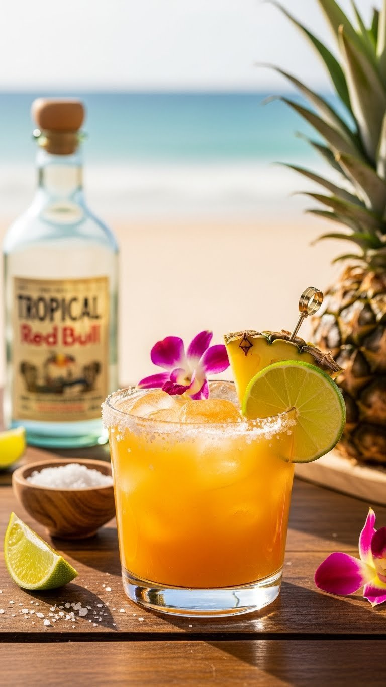 Tropical Red Bull Margarita In Salt-Rimmed Glass With Pineapple Wedge On Rustic Wooden Beach Table