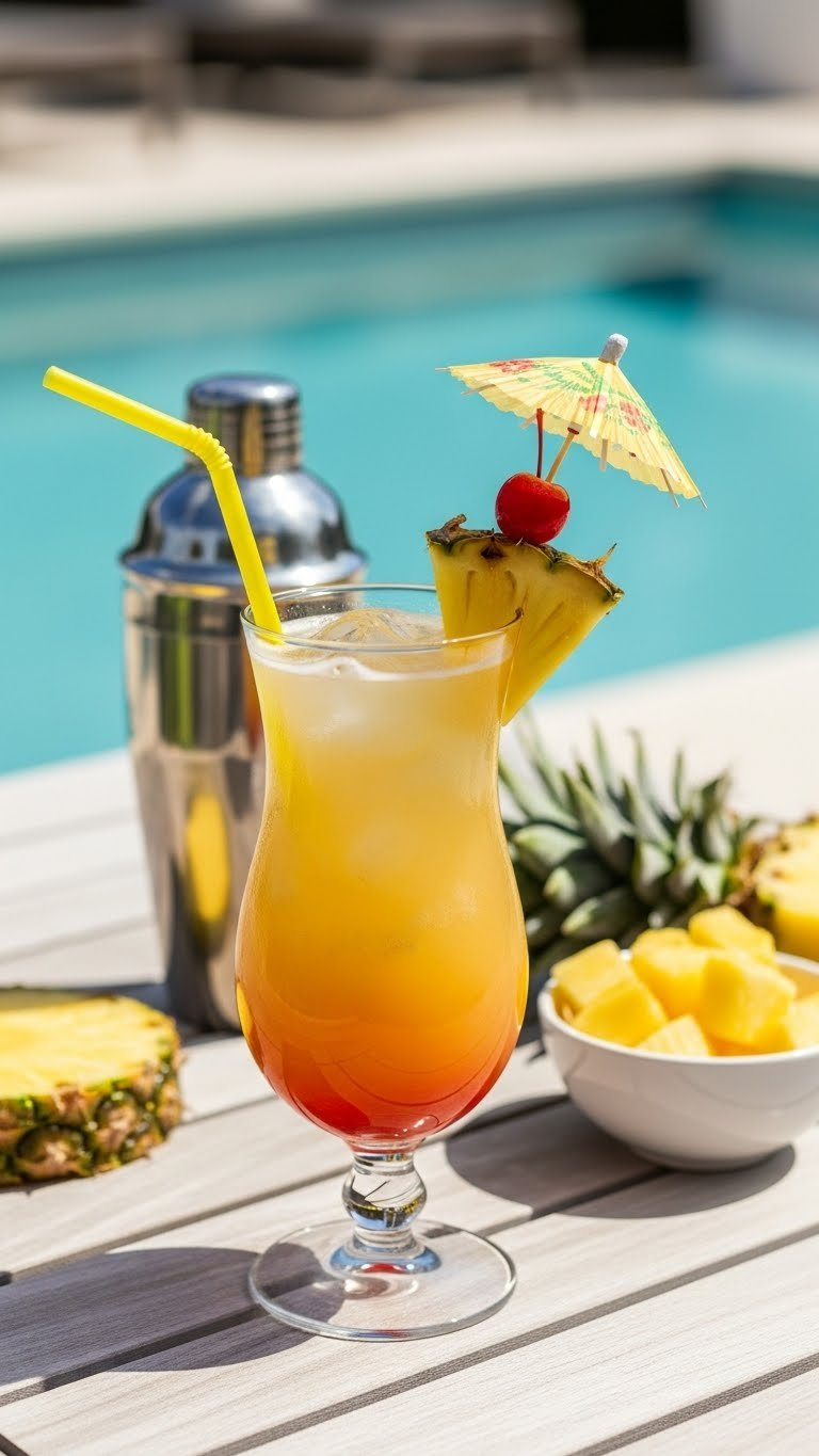Tropical Apple Twist Mocktail In Hurricane Glass With Pineapple Wedge, Cherry, And Umbrella On Patio Table