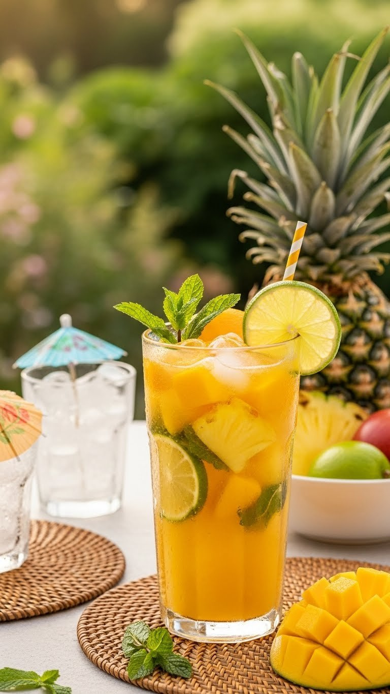 Tropical Breeze Punch In Condensation-Beaded Glass Dispenser With Mango, Pineapple Chunks, And Lime In Outdoor Garden Setting