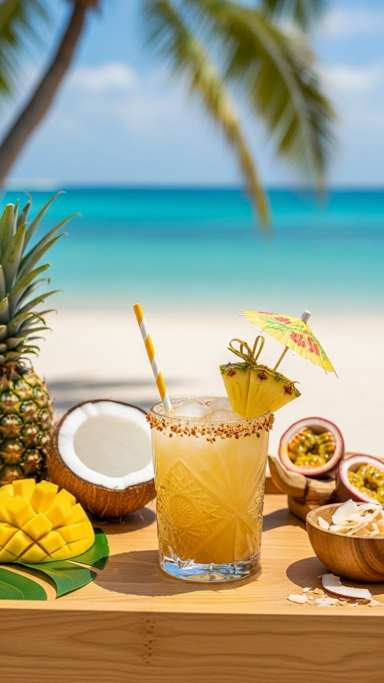 Tropical Coconut Pineapple Cooler With Toasted Coconut Rim And Pineapple Wedge On Beach Bar Cart