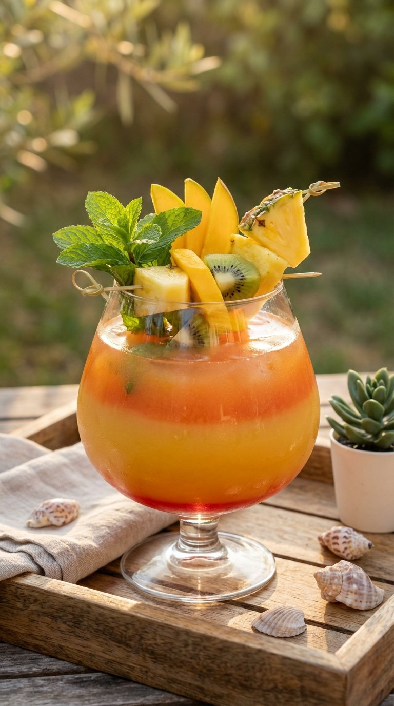 Tropical Coral Reef Cooler With Colorful Layered Fruit Garnish Including Pineapple, Mango, Kiwi And Mint Sprig