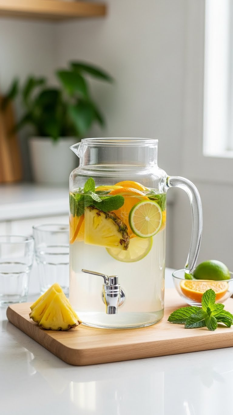 Tropical Fruit-Infused Water Pitcher With Pineapple, Orange, Lime Slices And Mint Leaves