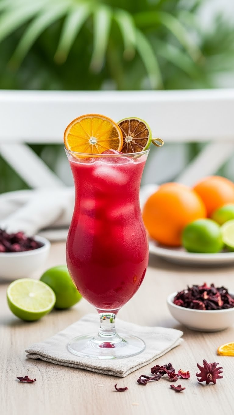 Tropical Hibiscus Limeade With Dried Orange Garnish In Hurricane Glass With Ruby-Red Liquid And Edible Hibiscus Flower