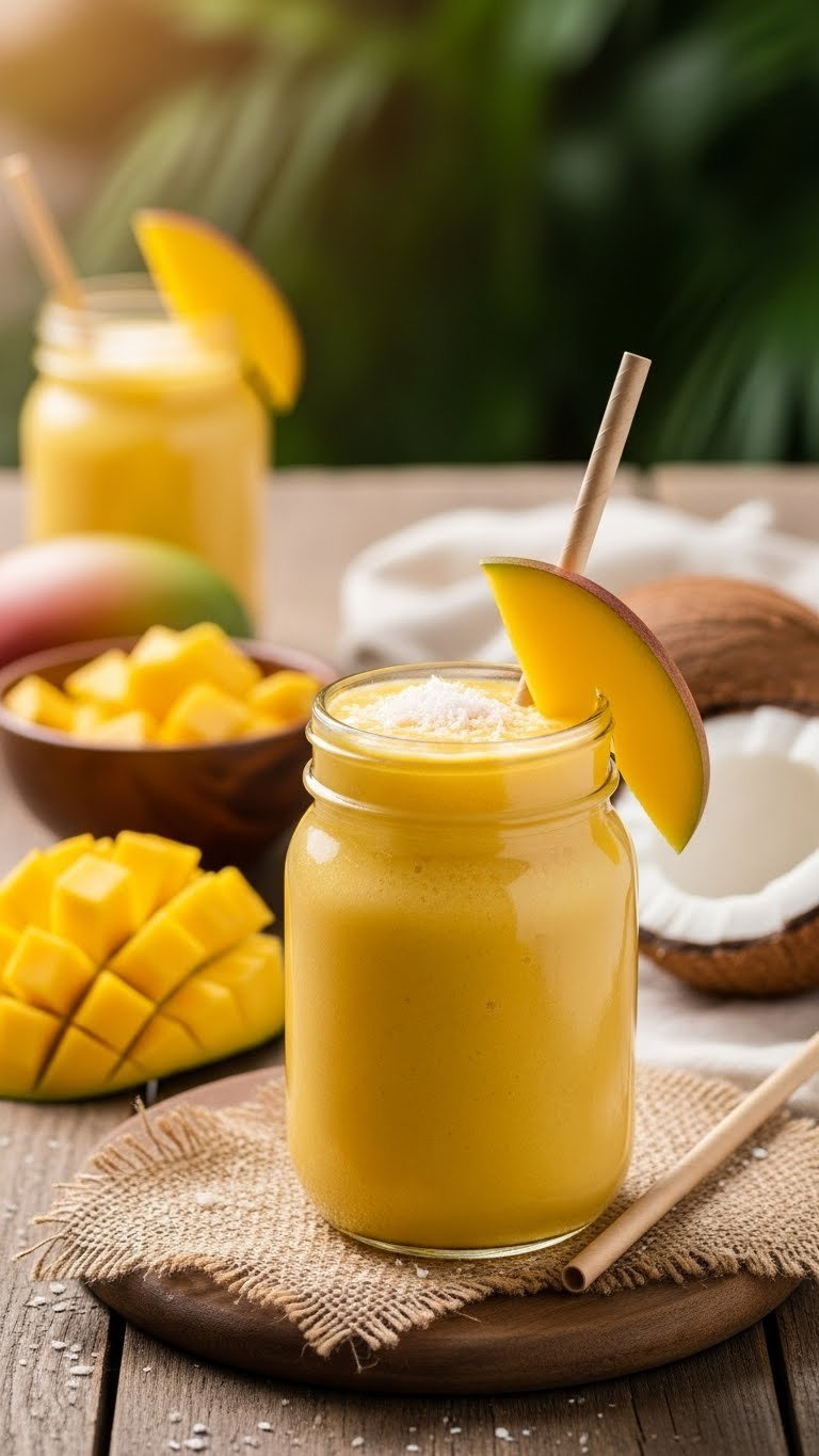 Tropical Mango Coconut Smoothie In Rustic Glass Jar With Mango Slice Garnish On Wooden Table
