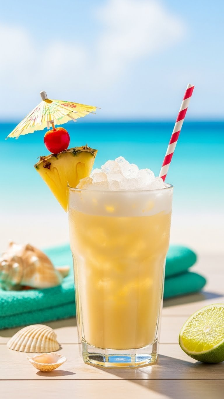 Tropical Pina Colada Italian Soda With Pineapple Wedge And Umbrella Garnish In Frosted Glass On Beach Table Setting.