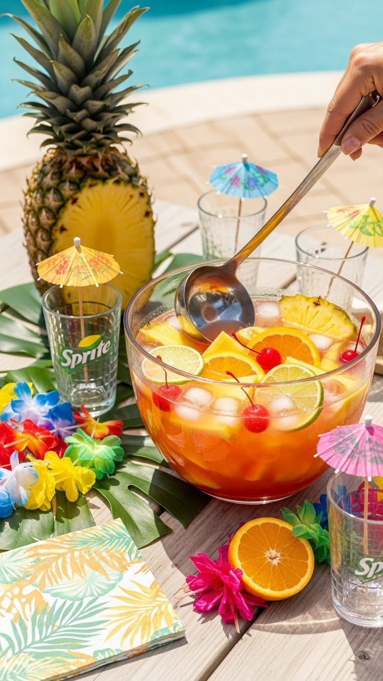 Tropical Pineapple And Citrus Sprite Punch Bowl With Colorful Fruit Slices And Festive Paper Umbrellas On Outdoor Patio Table