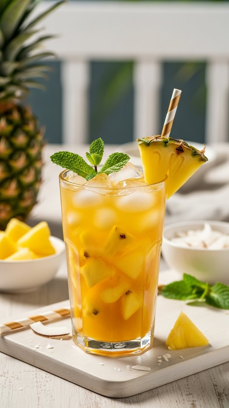 Tropical Pineapple Iced Tea In Frosty Glass With Pineapple Chunks And Mint Sprig In Warm Golden Lighting