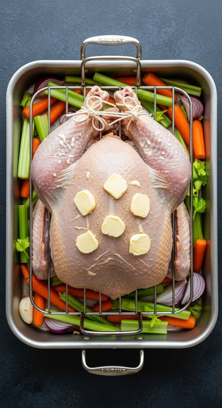 Trussed, Buttered Whole Turkey On V-Rack In Roasting Pan With Chopped Carrots, Celery, Onion. Top-Down View, Ready For Oven.
