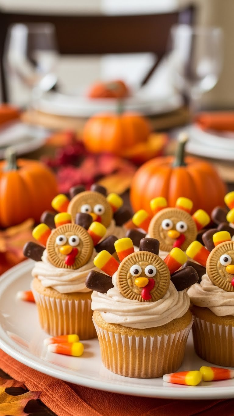 Turkey Cupcakes With Candy Corn Feathers And Nutter Butter Cookie Heads For Thanksgiving Dessert