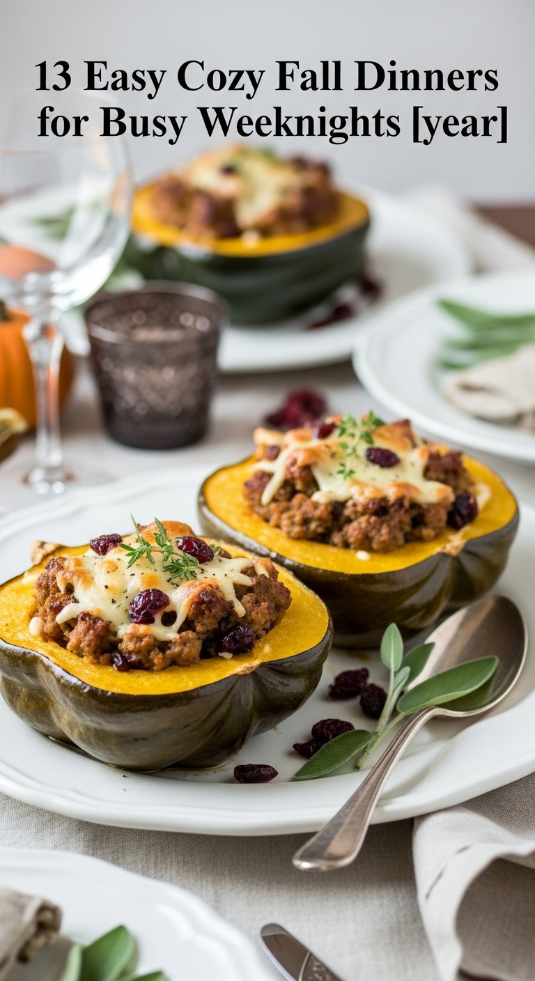 Turkey Sausage Stuffed Acorn Squash With Cranberries Herbs And Melted Cheese On A White Serving Plate