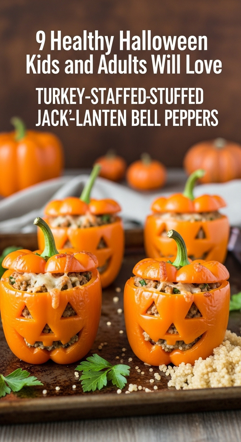 Turkey Stuffed Jack-O-Lantern Bell Peppers On A Rustic Metal Baking Sheet With Fall Decorations