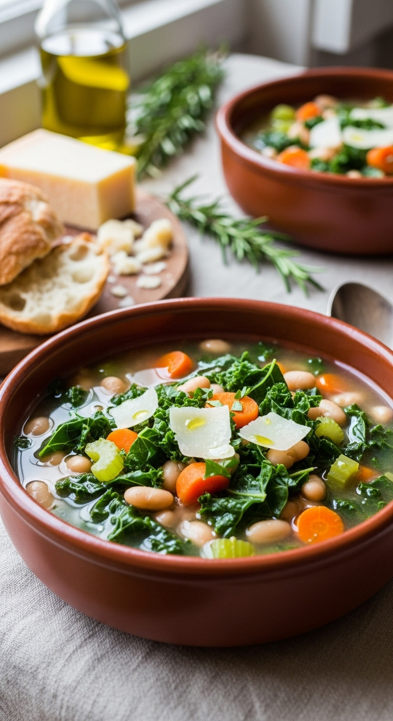 Tuscan White Bean And Kale Soup In A Terracotta Bowl With Parmesan And Olive Oil On A Linen Tablecloth