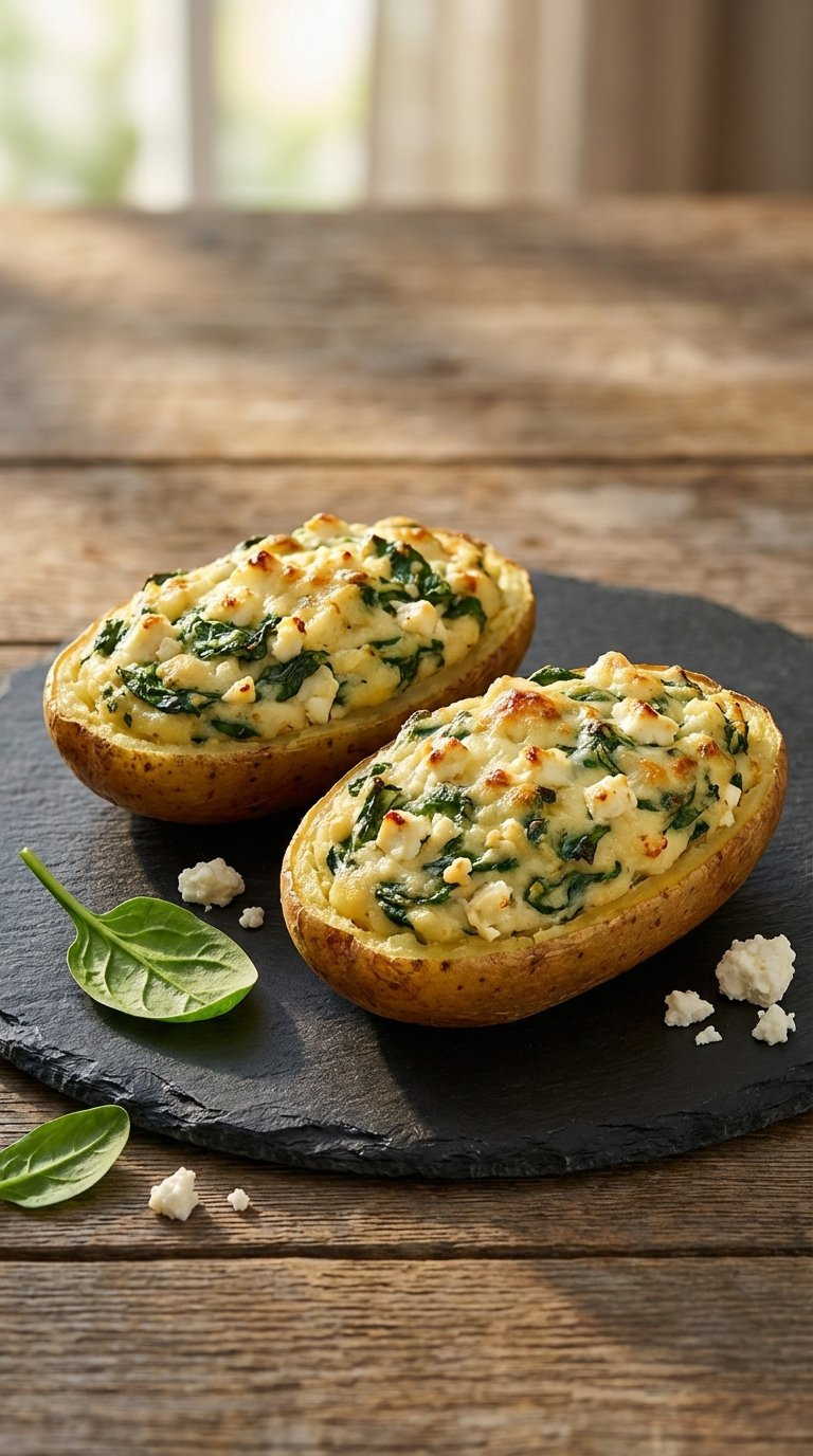 Twice-Baked Spinach And Feta Potato Halves With Golden-Brown Filling On Dark Slate Plate