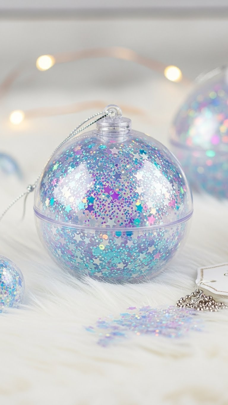 Twinkling Stardust Galaxy Ornament Filled With Pastel Blues And Pinks On White Faux Fur With Holographic Glitter And Star Sequins