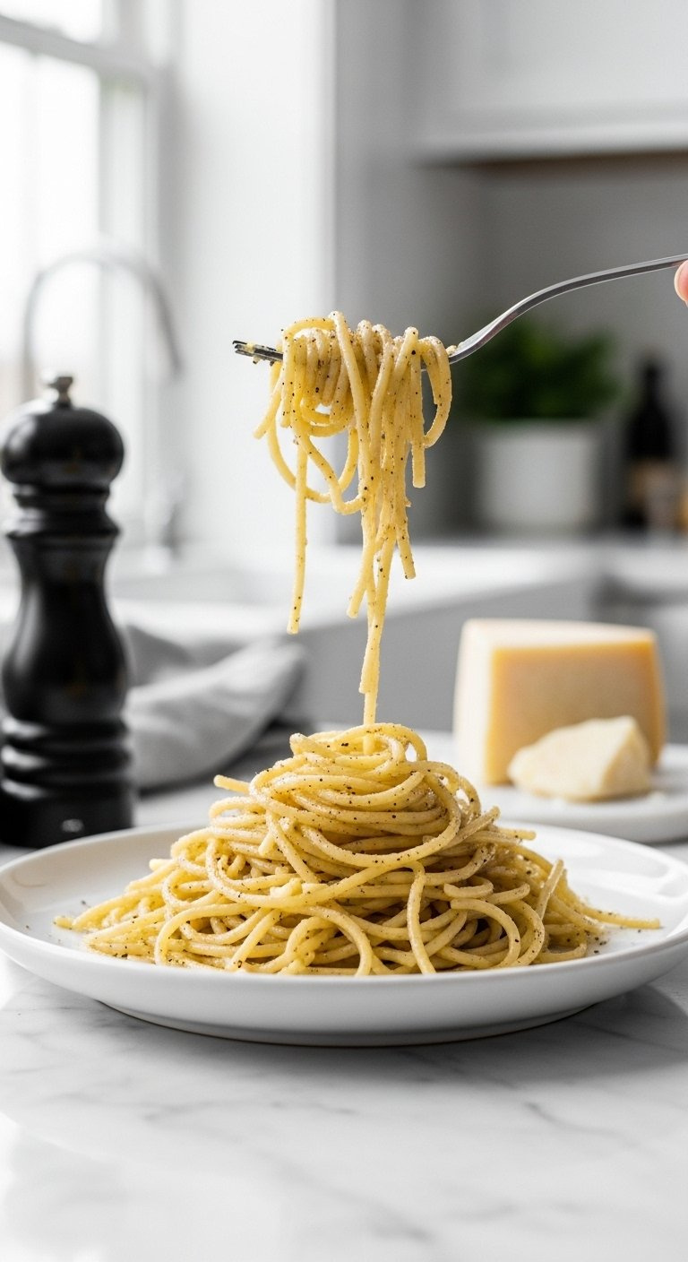 Twirled Cacio E Pepe Pasta On A Fork Featuring Glossy Cheese Sauce And Black Pepper.